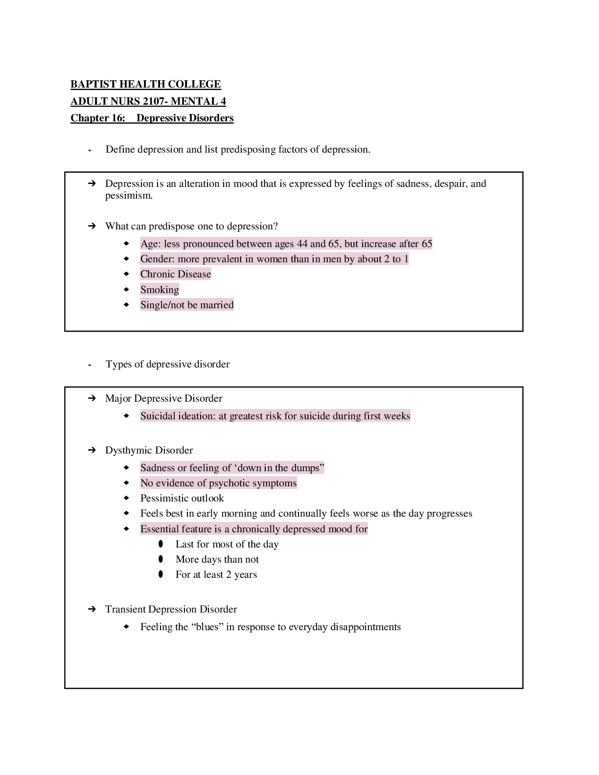 Preview of Baptist Health College Little Rock - ADULT NURS 2107 Mental 4 Exam Elaborations Verified Q